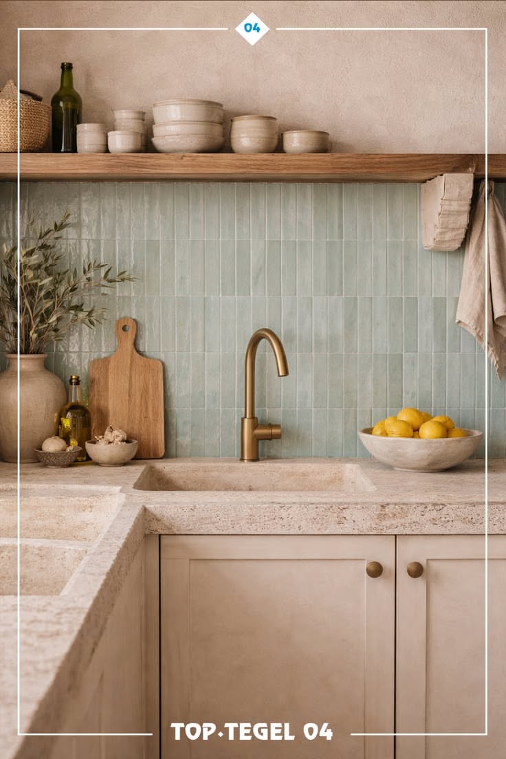 Kitchen with light green rectangular zellige tile backsplash and brass faucet. Stone countertop with built-in sink.