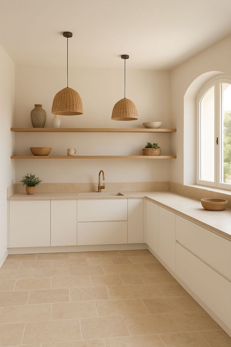 Kitchen with white cabinetry, gold faucet, wood shelves, and two woven pendant lights above a stone backsplash.