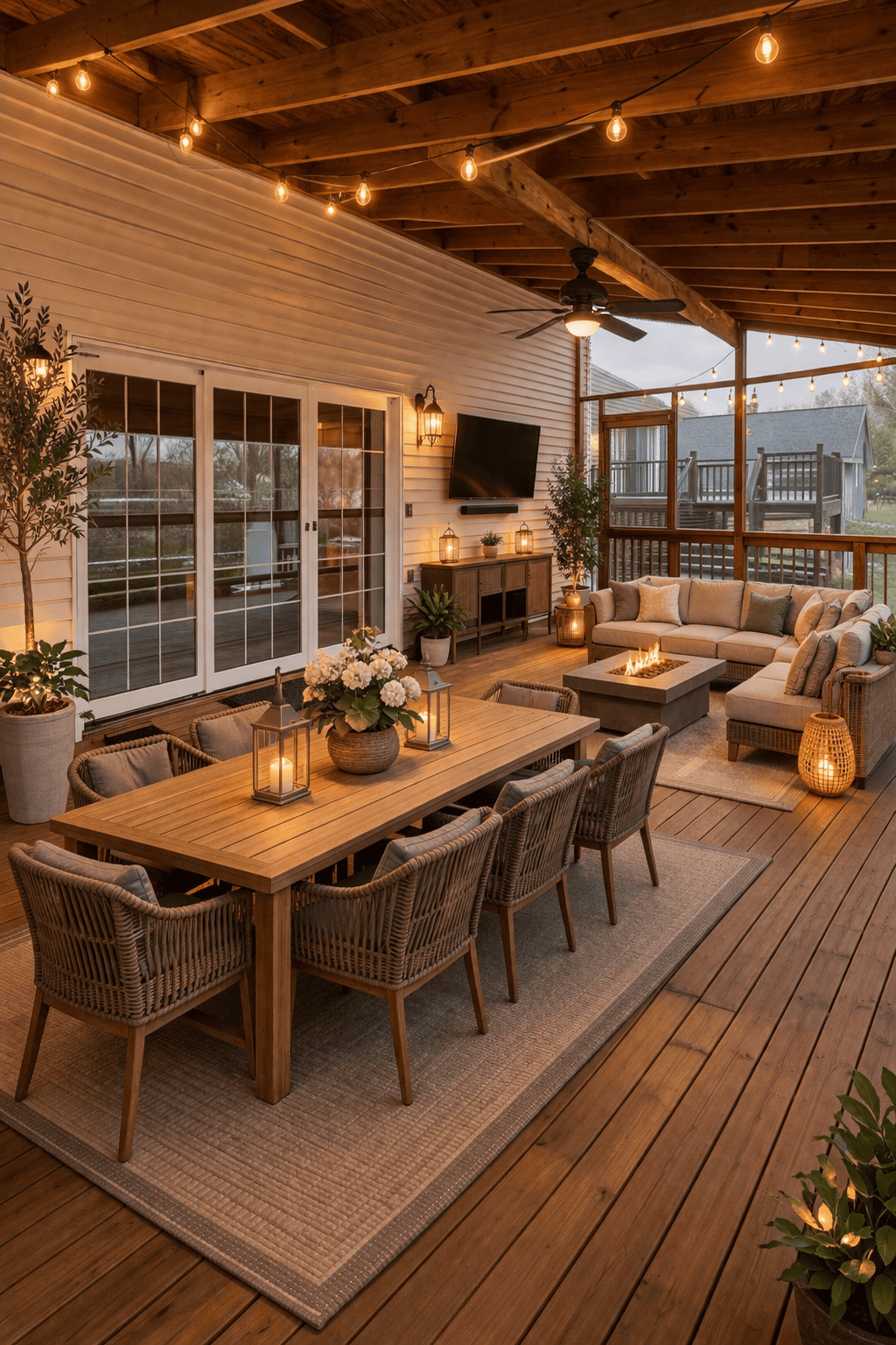 An outdoor screened-in porch with a dining area and a living area, both illuminated by string lights, lanterns, and sconces.