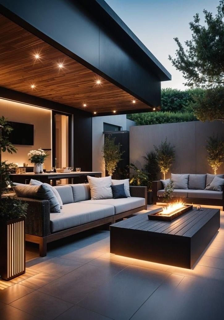 An outdoor covered patio area at dusk showing two sofas and a coffee table with a rectangular fire pit.