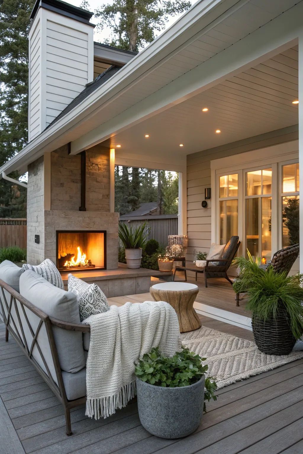 Covered outdoor patio with a stone fireplace, sofa, chairs, and potted plants. Fire is burning in the fireplace.