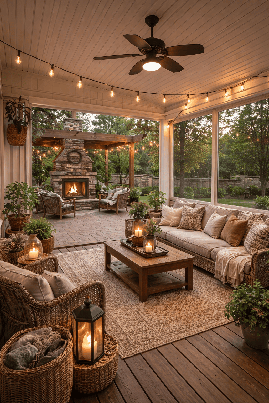 A furnished, screened-in porch with a large sectional sofa, coffee table, and string lights opens to an outdoor patio with a…