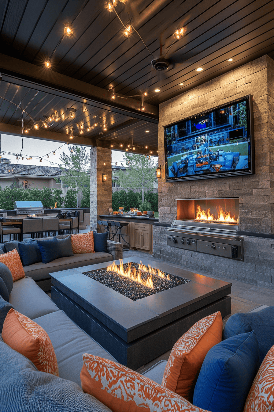 An outdoor living space with a large sectional sofa, a rectangular gas fire pit in the center, and a television mounted on a…