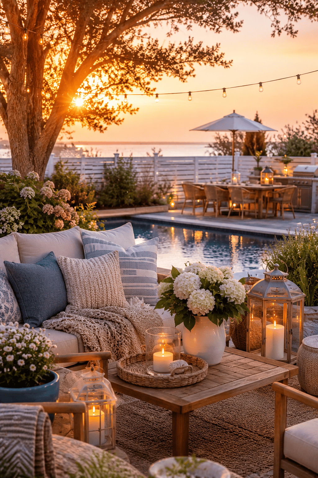 An outdoor seating area with a sofa, coffee table, and an illuminated swimming pool, set against a sunset over the water.