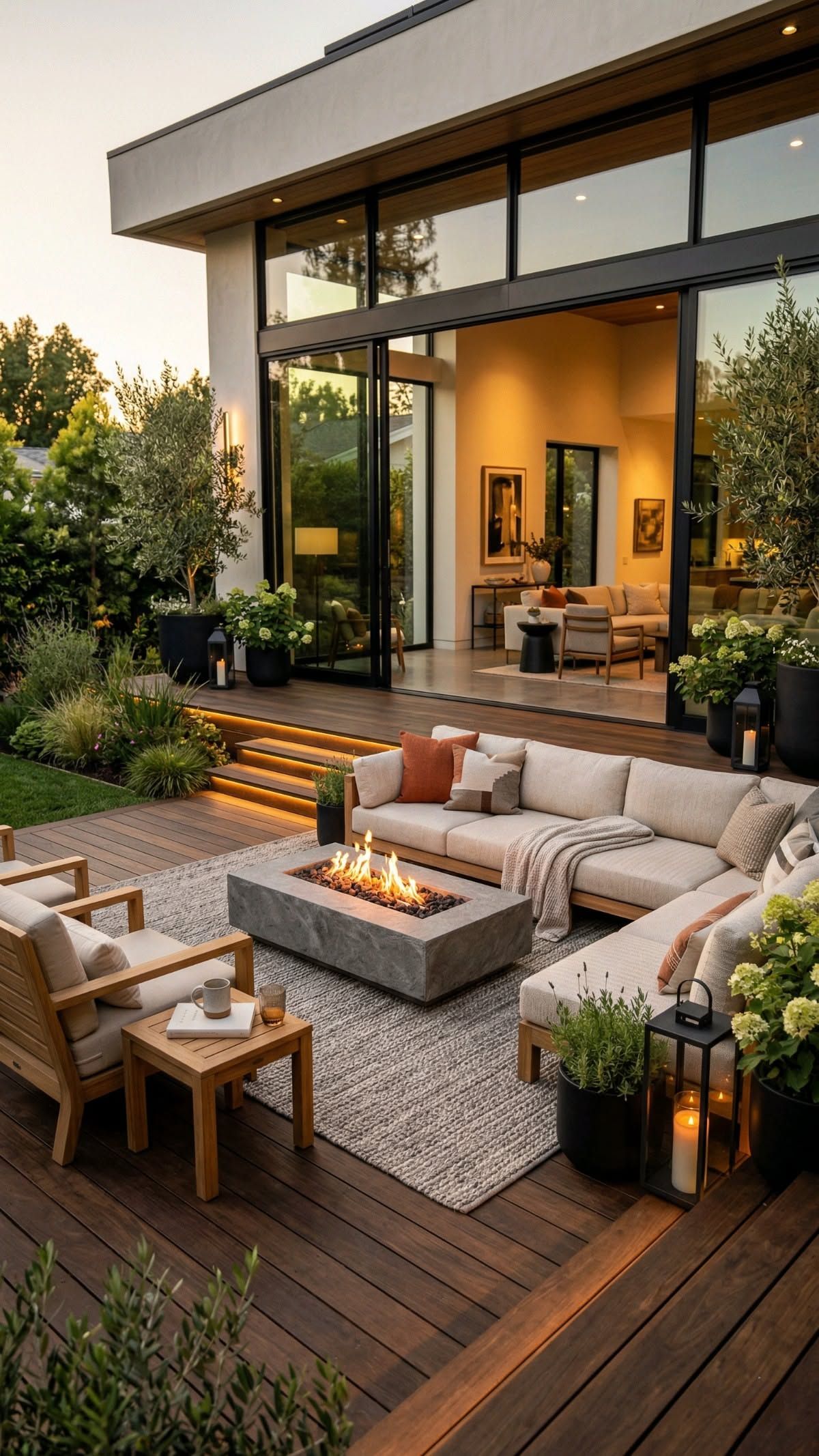 An outdoor living area features a large sectional sofa around a rectangular fire pit, with accent chairs and side tables on…