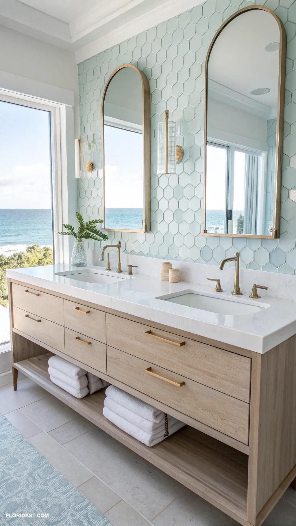 A bathroom vanity with a full wall of pale aqua hexagonal tile backsplash, two arched mirrors, bronze fixtures, and a large…