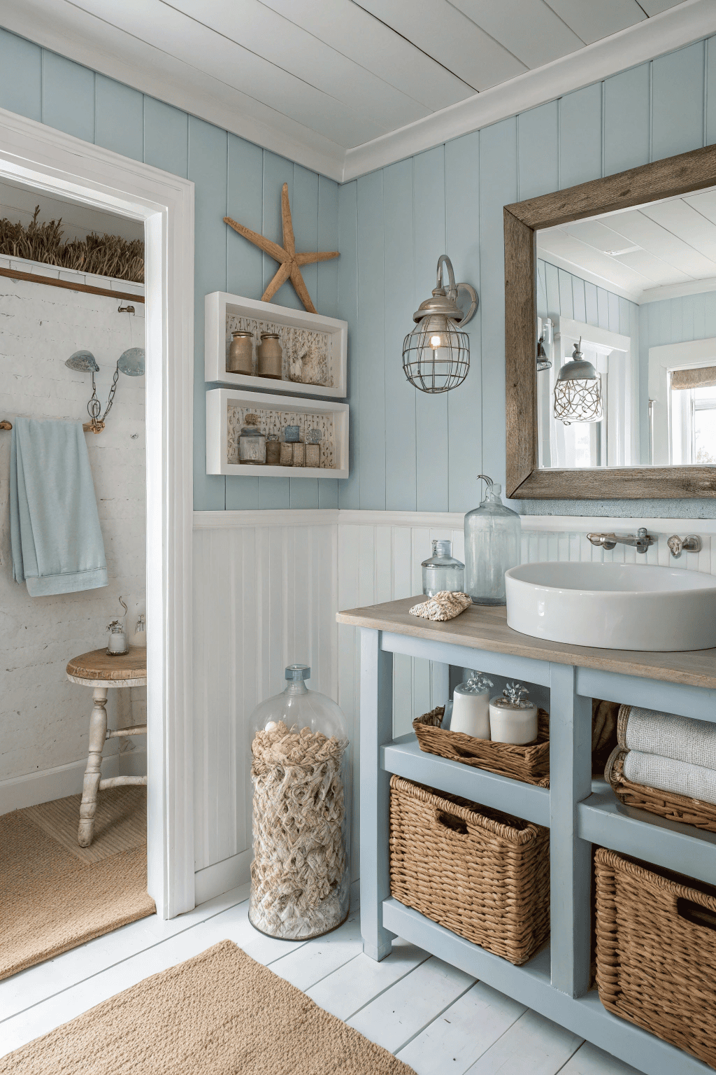 A light blue bathroom with white wainscoting and a wooden vanity. Woven baskets and clear glass bottles decorate the space.