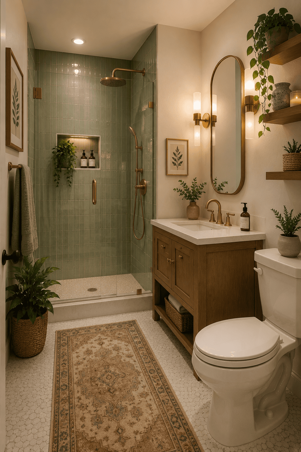 Bathroom with sage green shower tiles, wood vanity, gold fixtures, and potted plants.