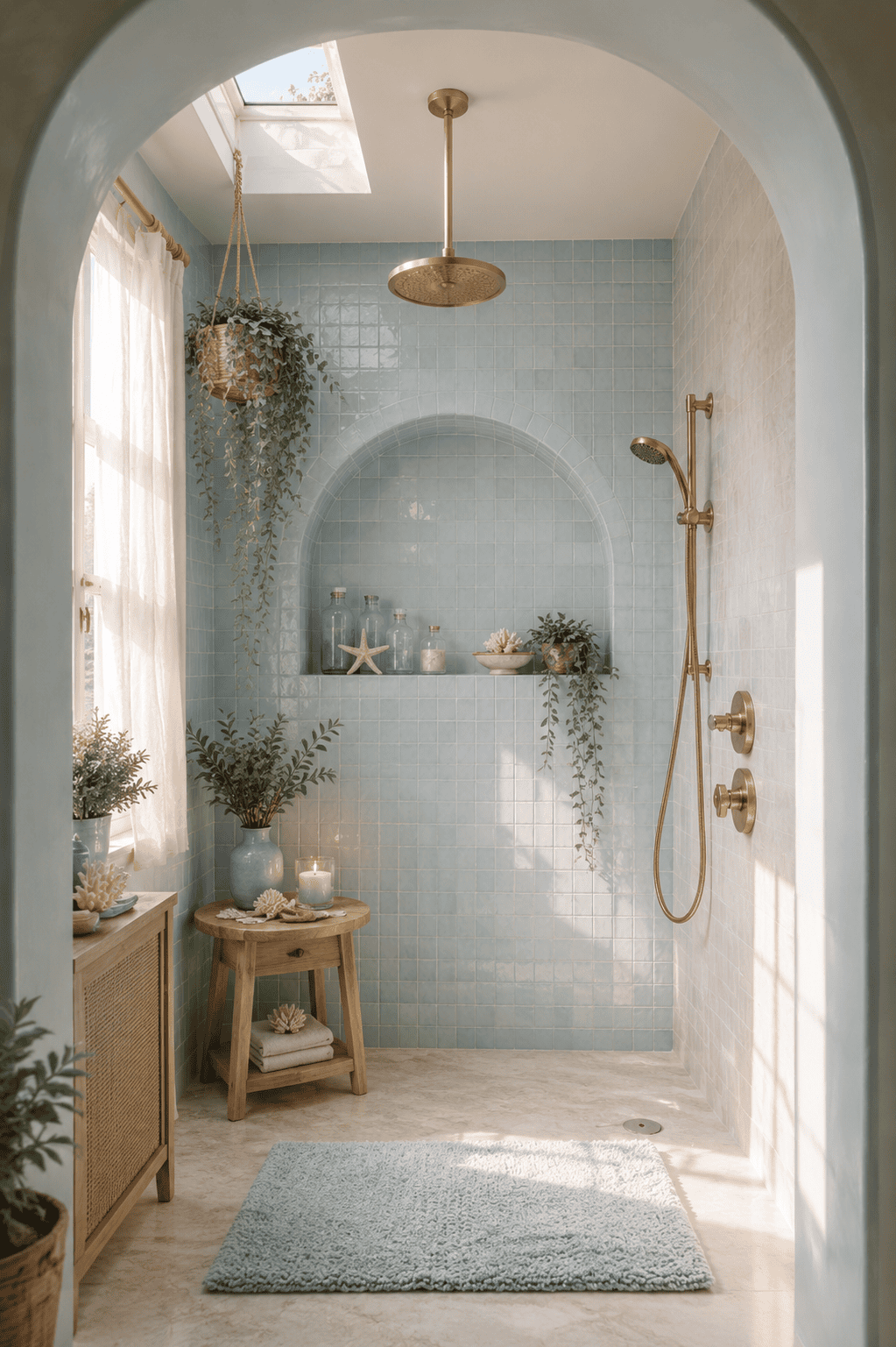 Shower with light blue tile walls, gold fixtures, and coastal-themed decor.