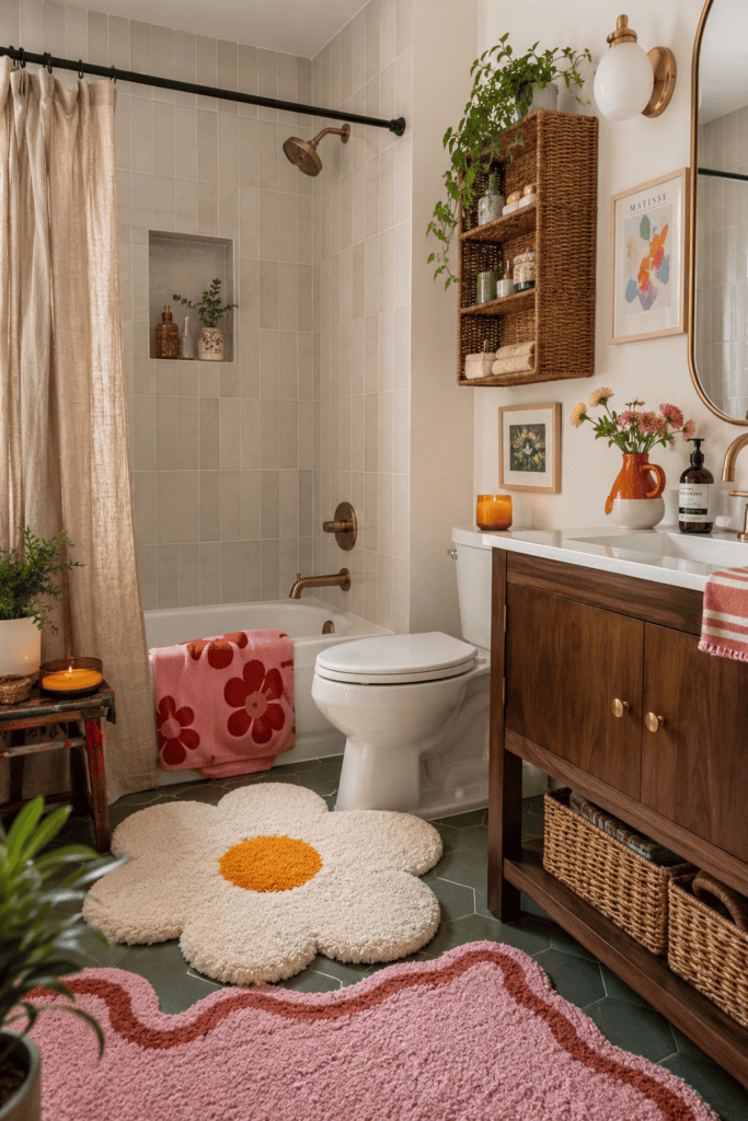 Wooden bathroom vanity with a white countertop and gold hardware, wicker baskets underneath.