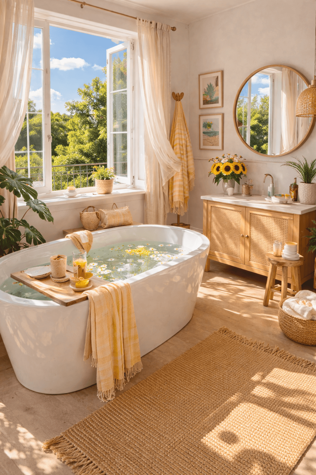 A wooden bath caddy rests on a bathtub, holding a beverage, a candle, and a small dish.