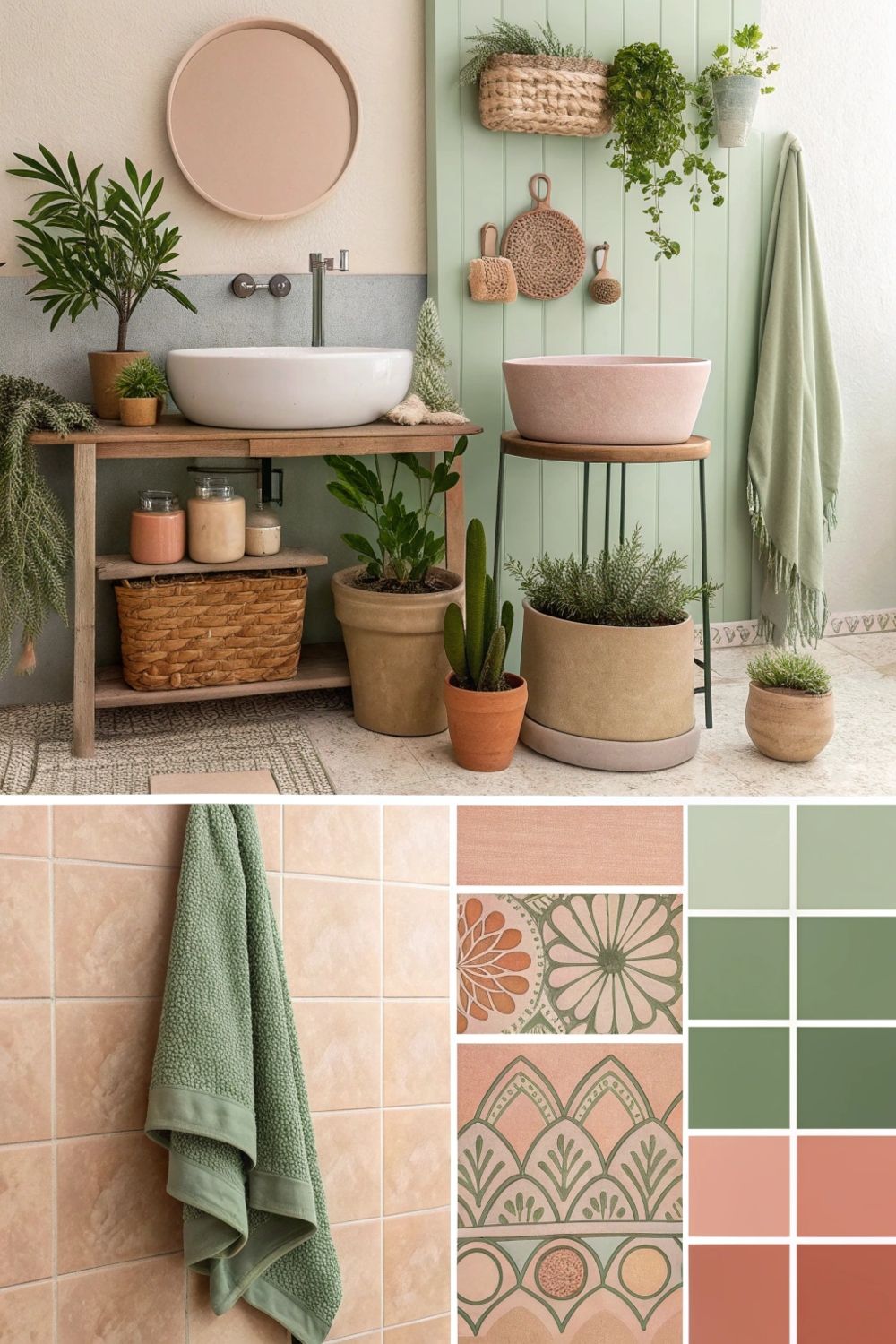 A bathroom decorated with natural materials, plants, and a light green and peach color scheme, with a tile and color swatch…