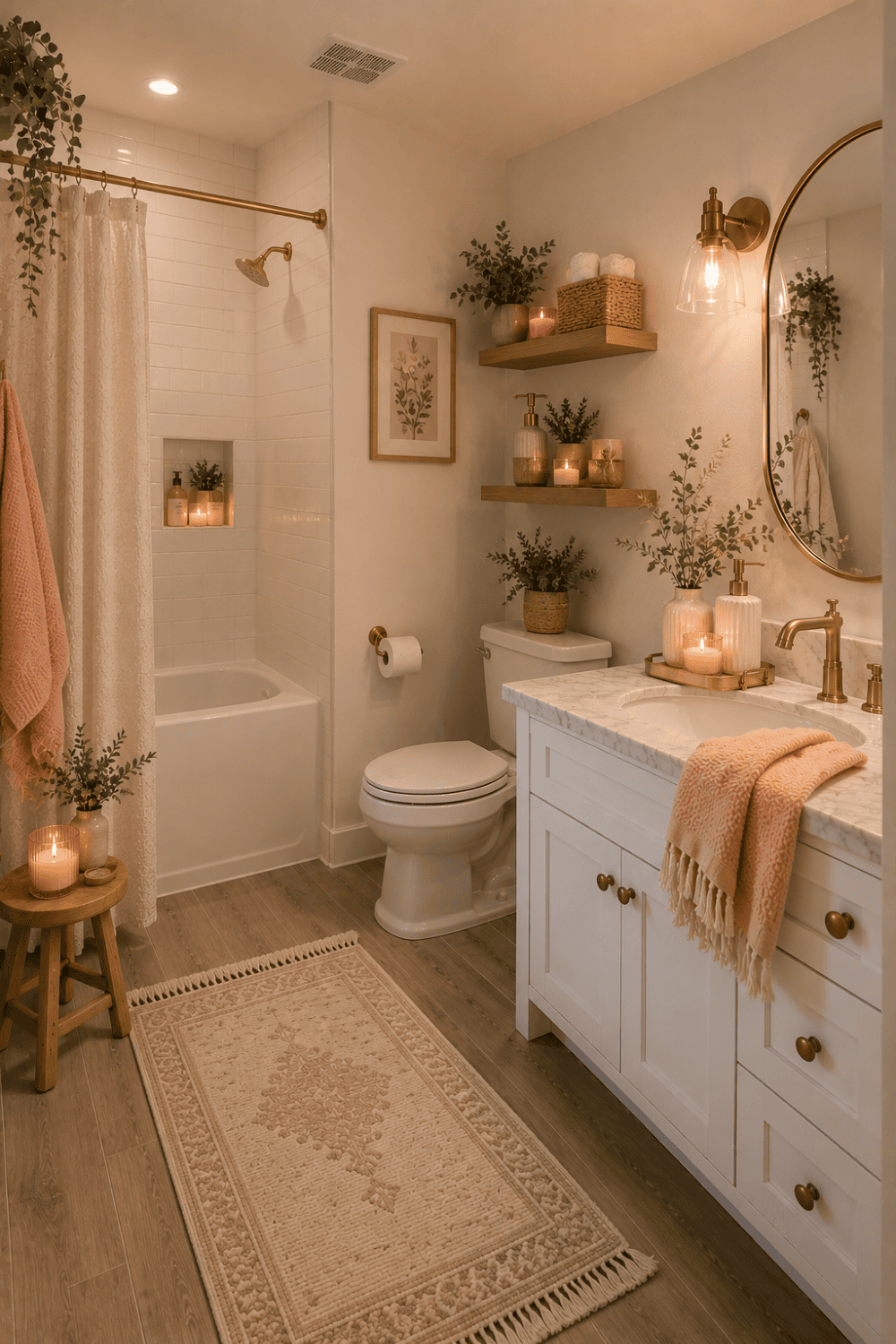 An inviting bathroom features a wooden stool, bathmat, and shower with a curtain.