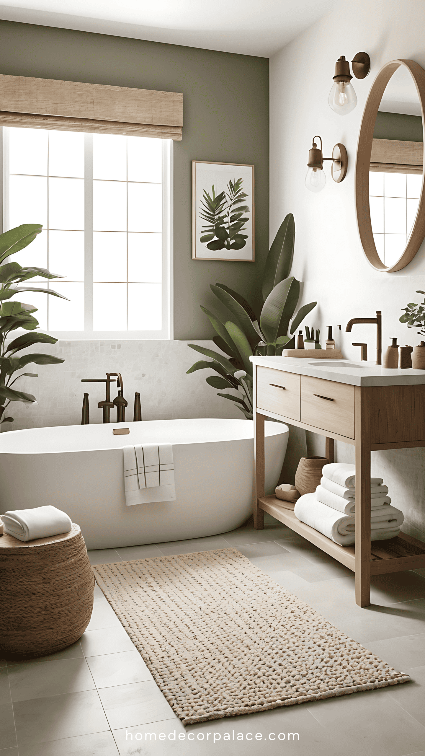 A modern bathroom with a freestanding white tub, wood vanity, and large leafy green plants.