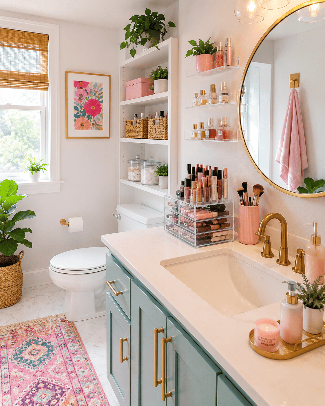 Bright bathroom with light green vanity, round gold mirror, and clear tiered organizer holding various cosmetics and brushes…