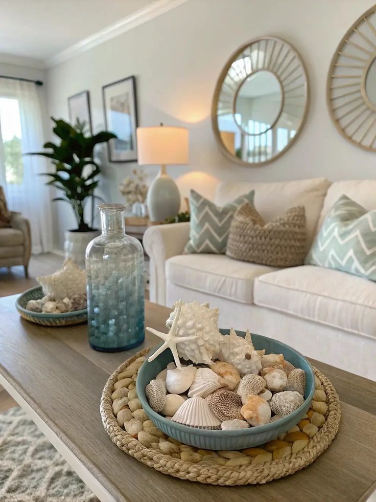 A beige coffee table with a blue bowl full of seashells and a clear blue glass bottle.