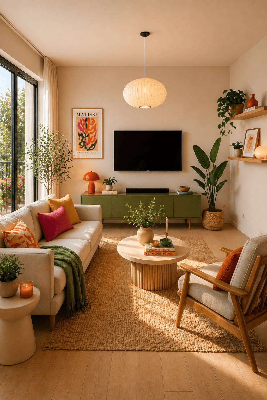 A modern living room with a light cream sofa, a jute rug, and wooden furniture.