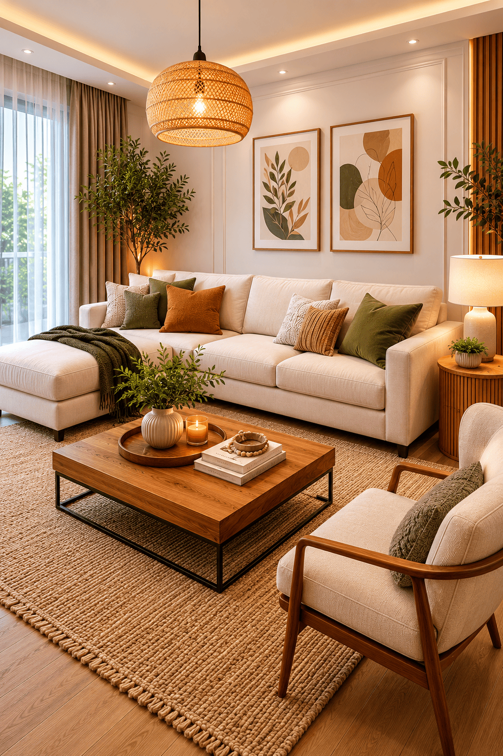 Living room with an off-white sectional and armchair, a wood coffee table, a jute rug, and a rattan pendant light.
