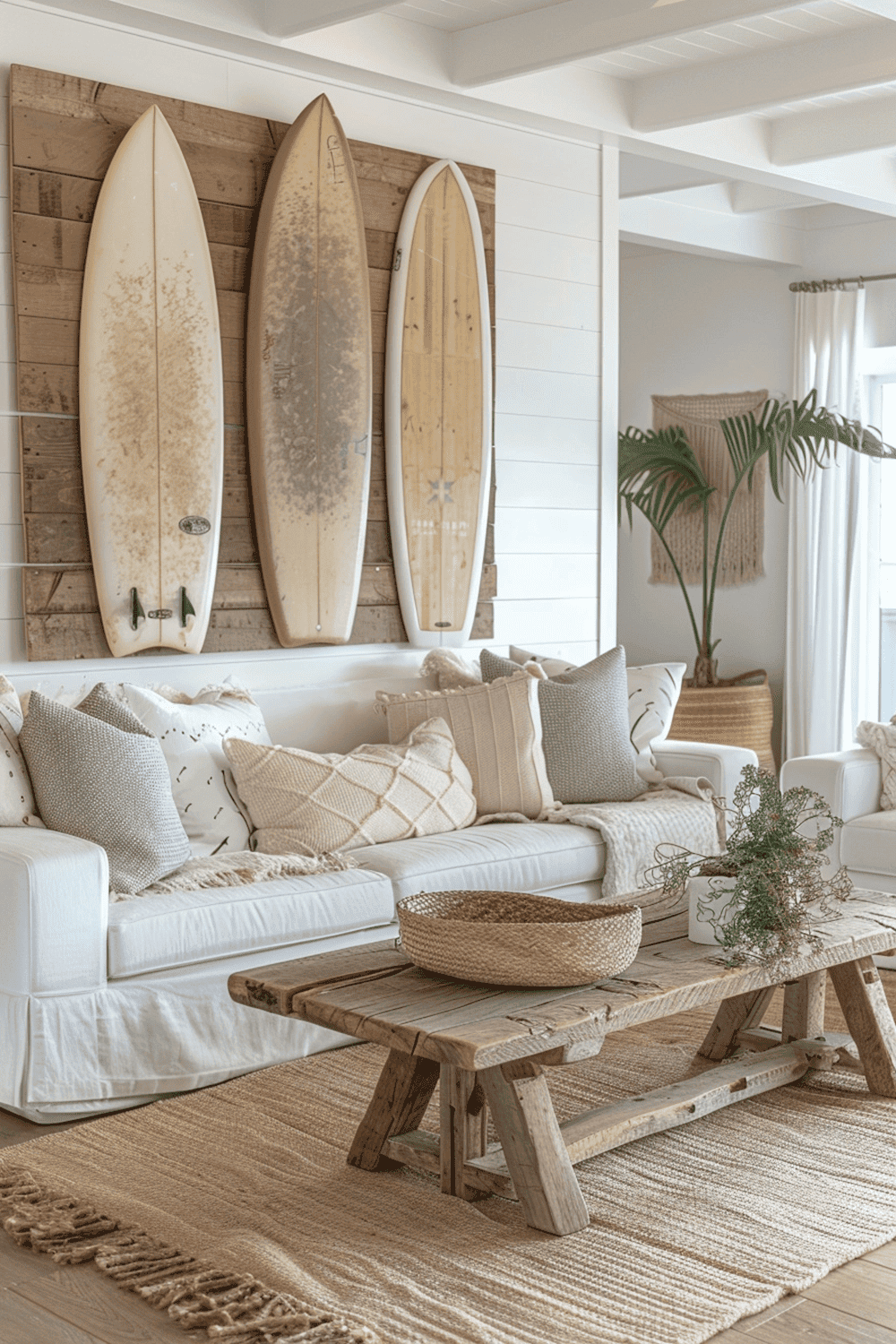 Living room with white sofas, several pillows, a wooden coffee table, and three decorative surfboards on a wood-paneled wall.