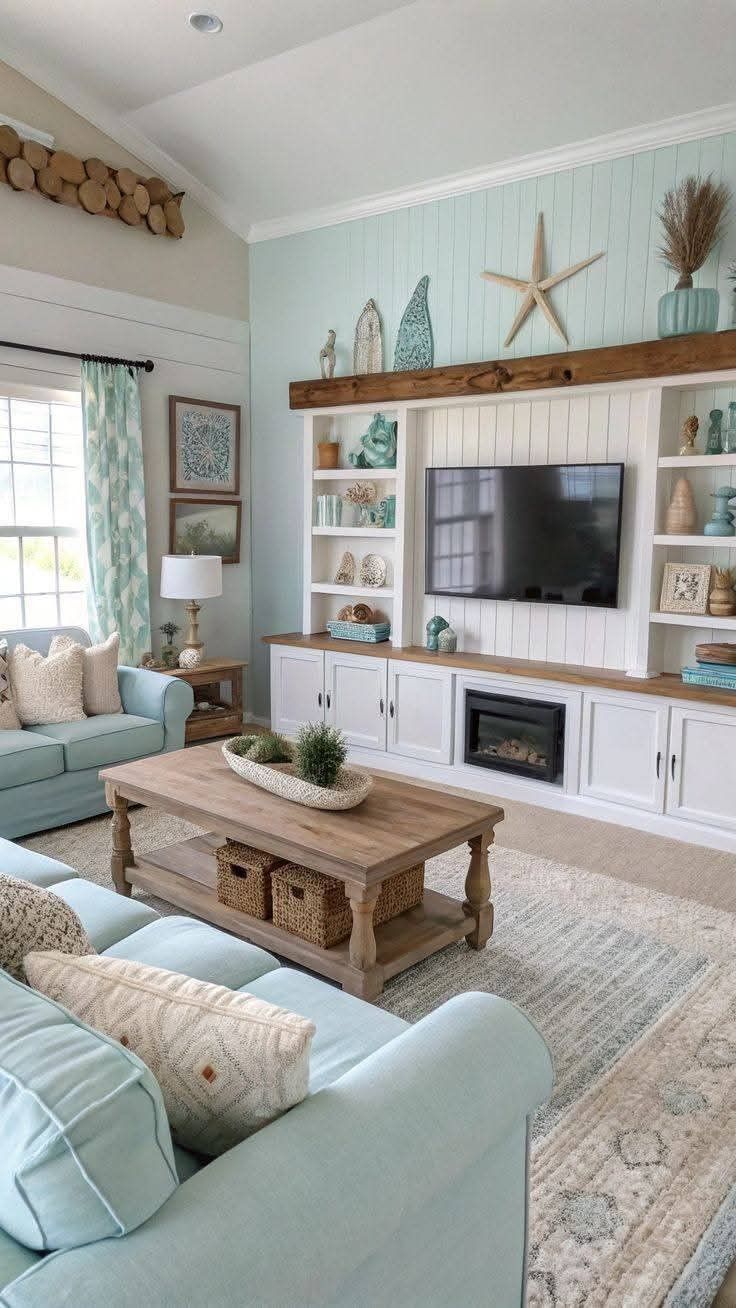 Living room with light blue sofas, a wooden coffee table, and a media console with built-in shelving, all decorated with…