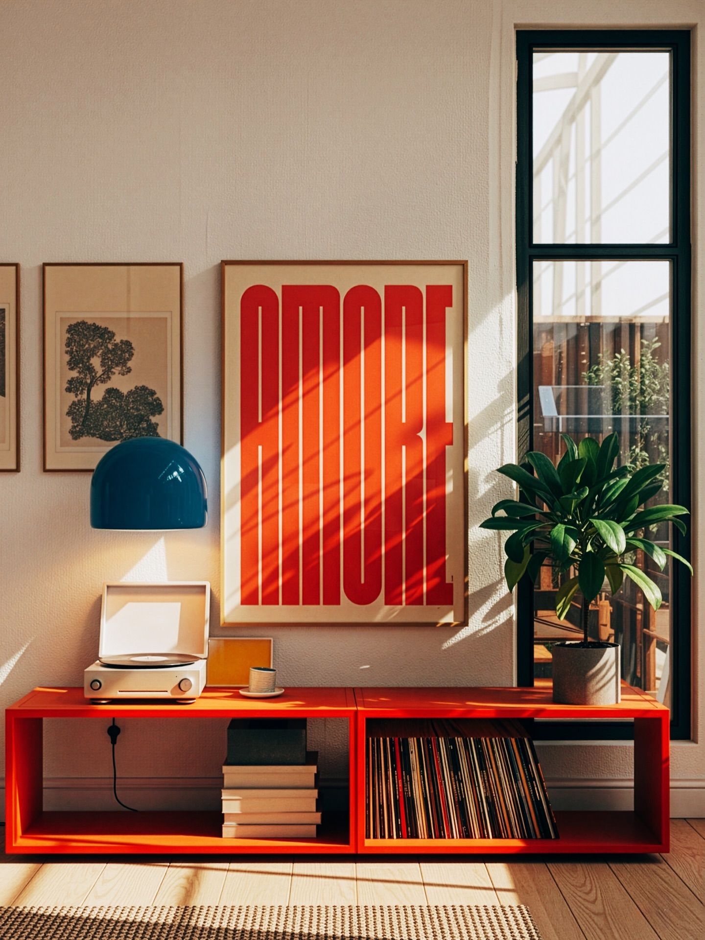 A console table with a record player, lamp, plant, and framed artwork that says 'AMORE'.
