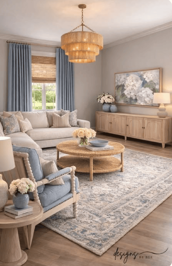 Living room with light wood coffee table and media console, light blue curtains and armchairs, and a beige sectional sofa.