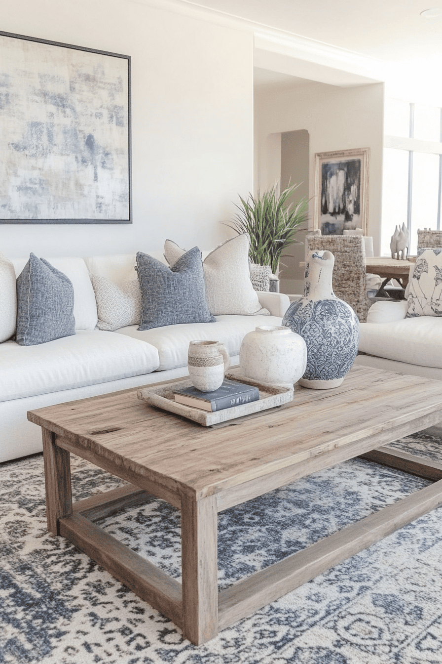 A white sofa with blue and cream throw pillows sits in a living room with a light wood coffee table and patterned rug.