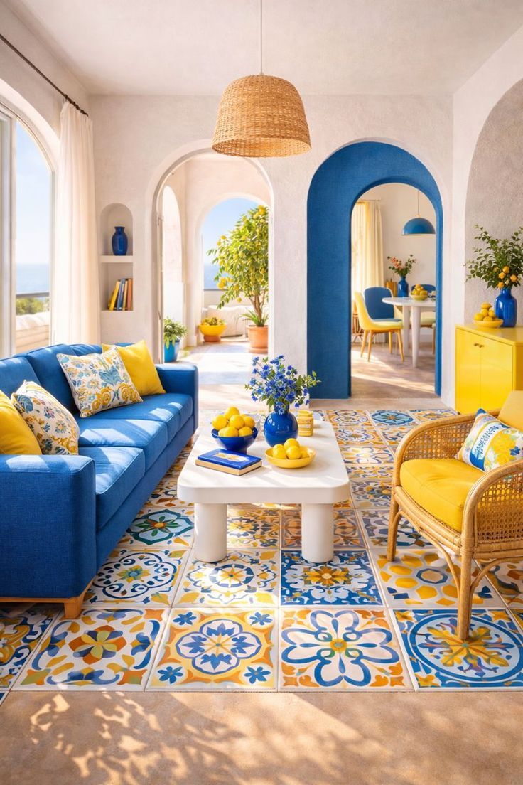 A living room with blue sofa and yellow armchair, patterned floor tiles, and archways leading to an outdoor view.