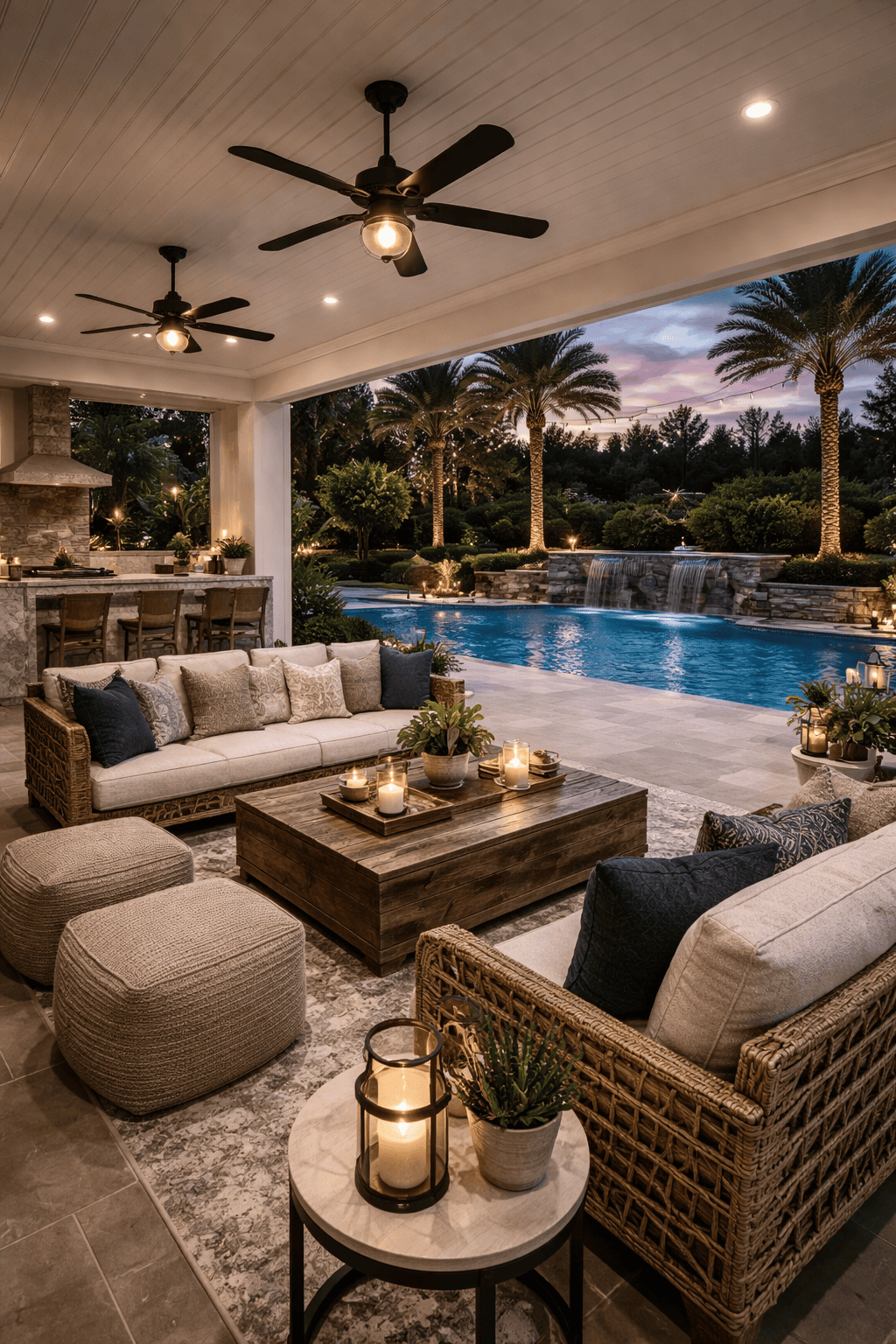 An expansive outdoor living space with comfy seating under a covered patio, overlooking a large swimming pool with…