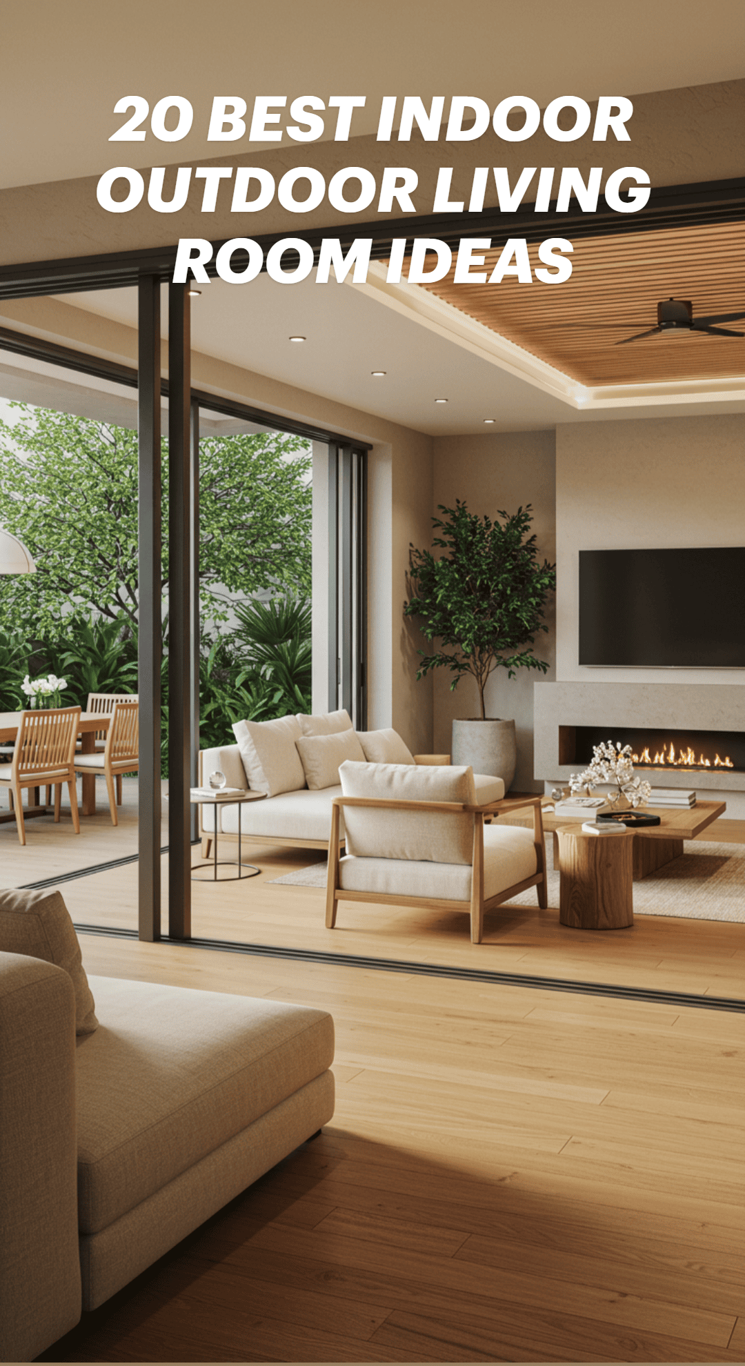 A modern living room with light-toned furniture opens to an outdoor dining area through large sliding glass doors.