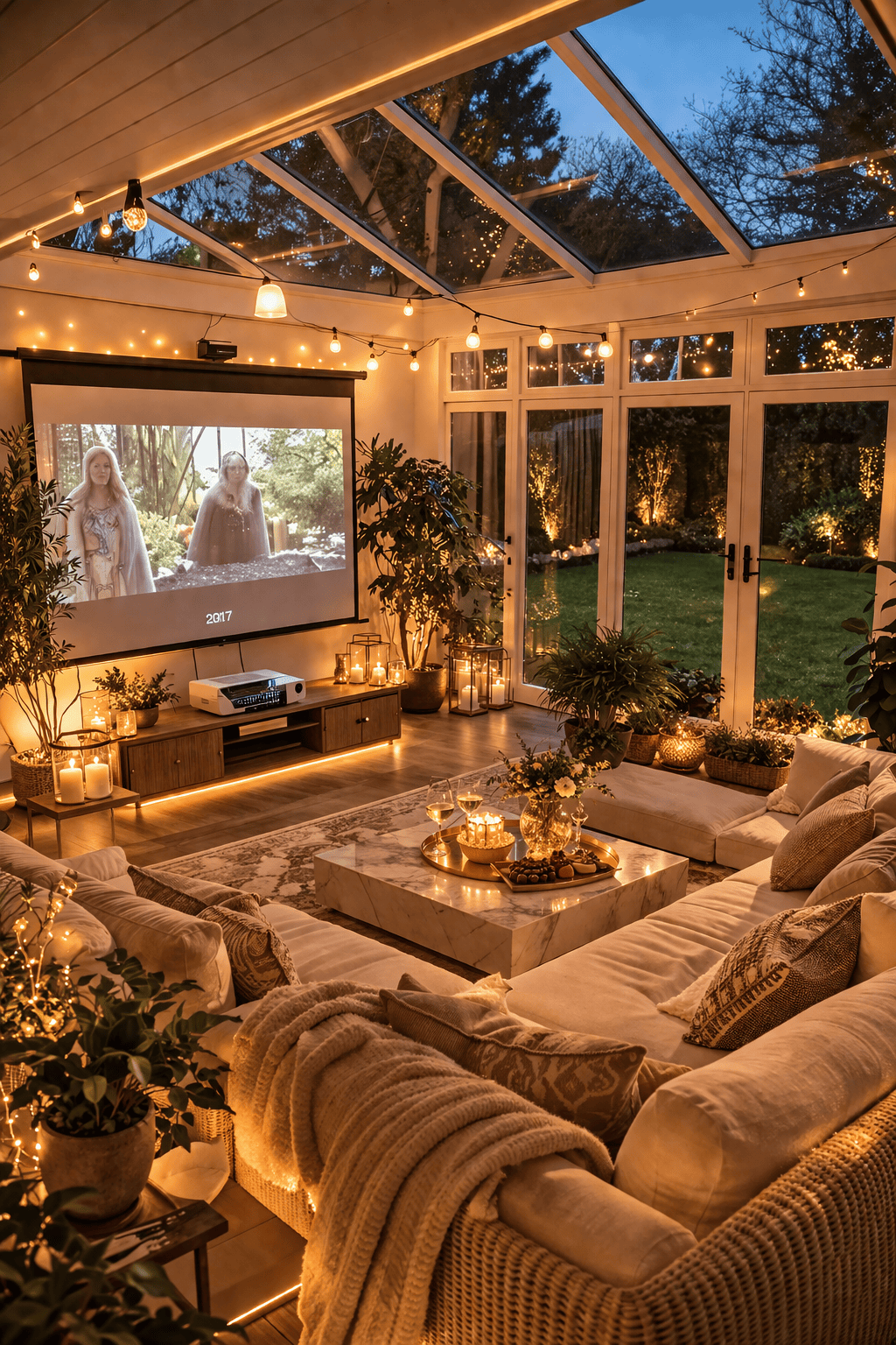 A conservatory living room at night featuring a large beige sectional sofa, a marble coffee table with snacks, and a…