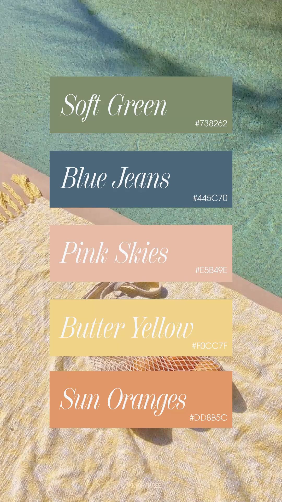 A color palette with soft green, blue jeans, pink skies, butter yellow, and sun oranges over a background of a swimming pool…