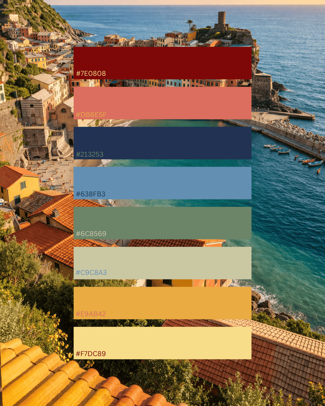 An aerial view of Vernazza, Italy, showing colorful buildings, terra cotta roofs, and the clear blue Ligurian Sea with a…