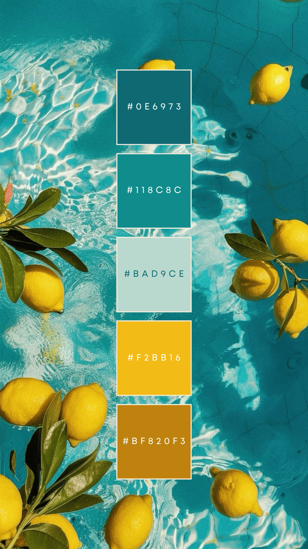 Floating lemons and green leaves on a teal pool surface, with a vertical column displaying five color swatches and…