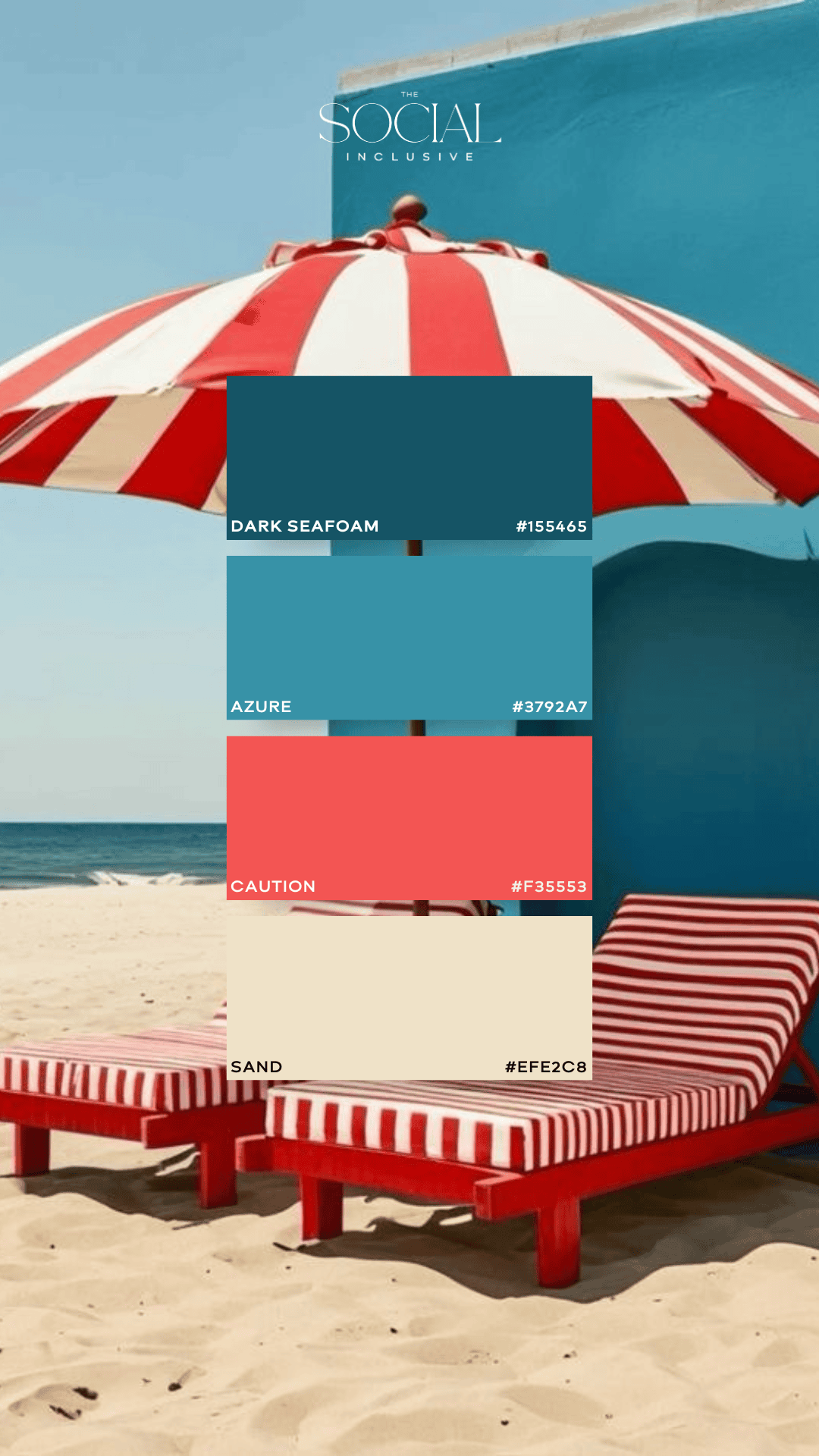 Beach scene with a striped red and white umbrella and two matching lounge chairs on the sand, next to blue ocean and…