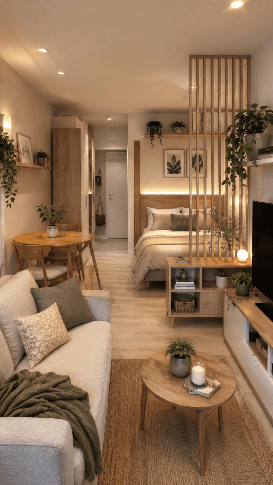A studio apartment features a wooden slatted room divider separating the bed from the living and dining areas.