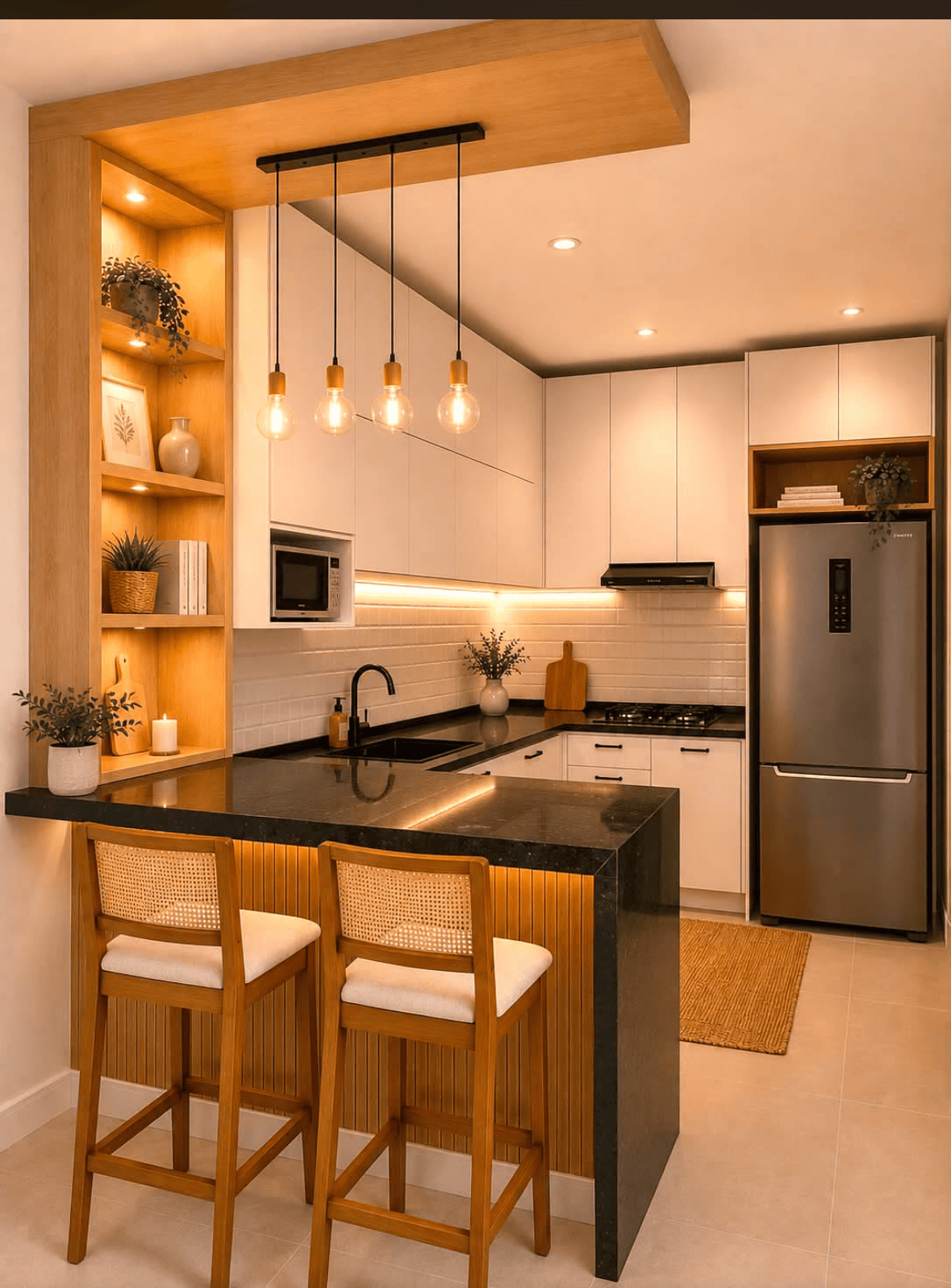 Small kitchen island with black countertop, wood slat base, and two cane-back bar stools.