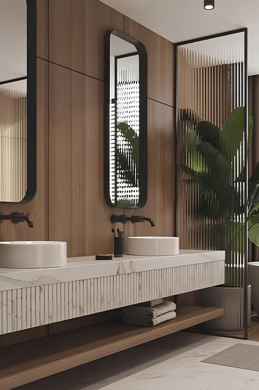 A modern bathroom features a floating dual vanity with white vessel sinks, black faucets, and a fluted marble-like front.