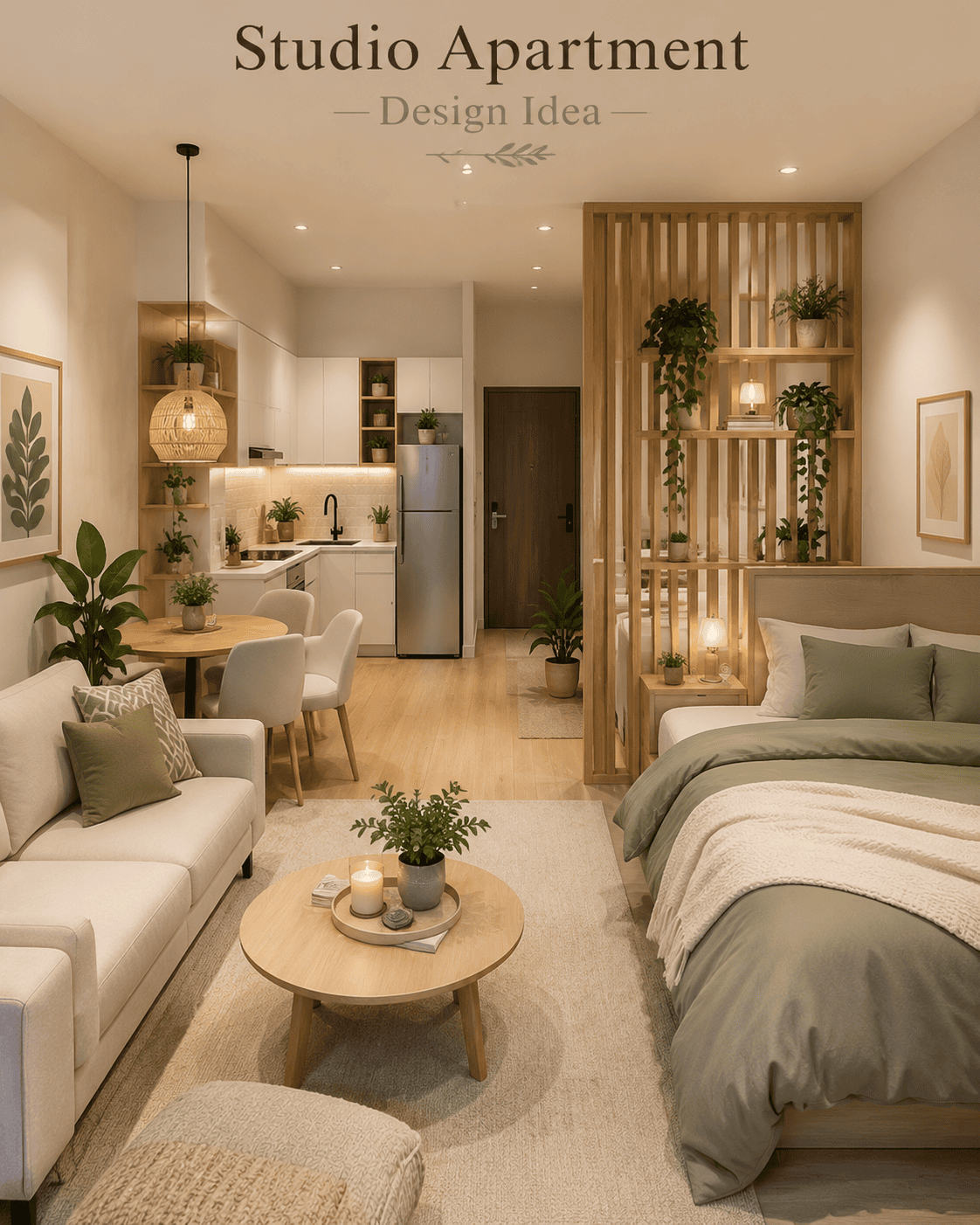 Modern studio apartment with a light wood slatted room divider separating the bed from the living area and kitchen