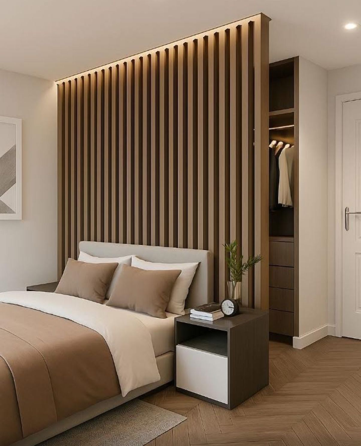 Bedroom with a bed, a bedside table, and a slatted wood panel serving as a headboard and room divider for a closet.