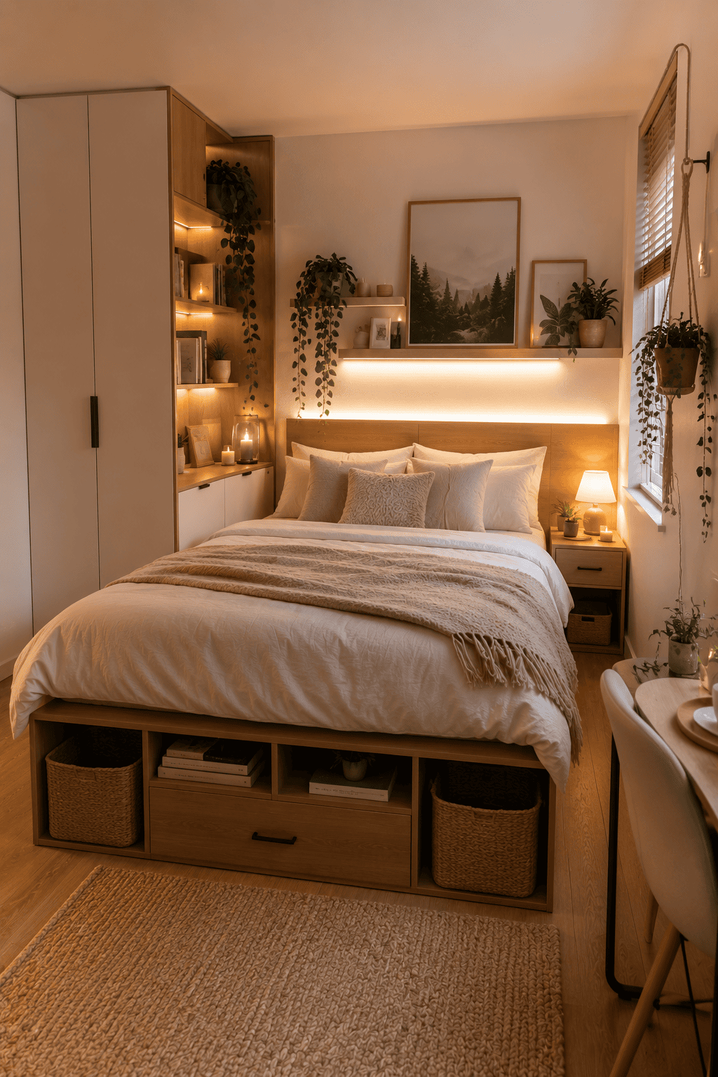 A small, warmly lit bedroom featuring a bed with integrated drawers and cubbies, flanked by a wardrobe and shelves filled…
