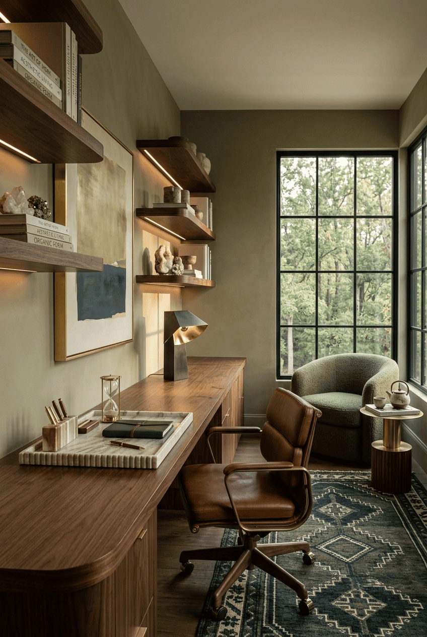 Home office with wood desk, shelves, leather chair, green textured accent chair, and a large window overlooking trees.