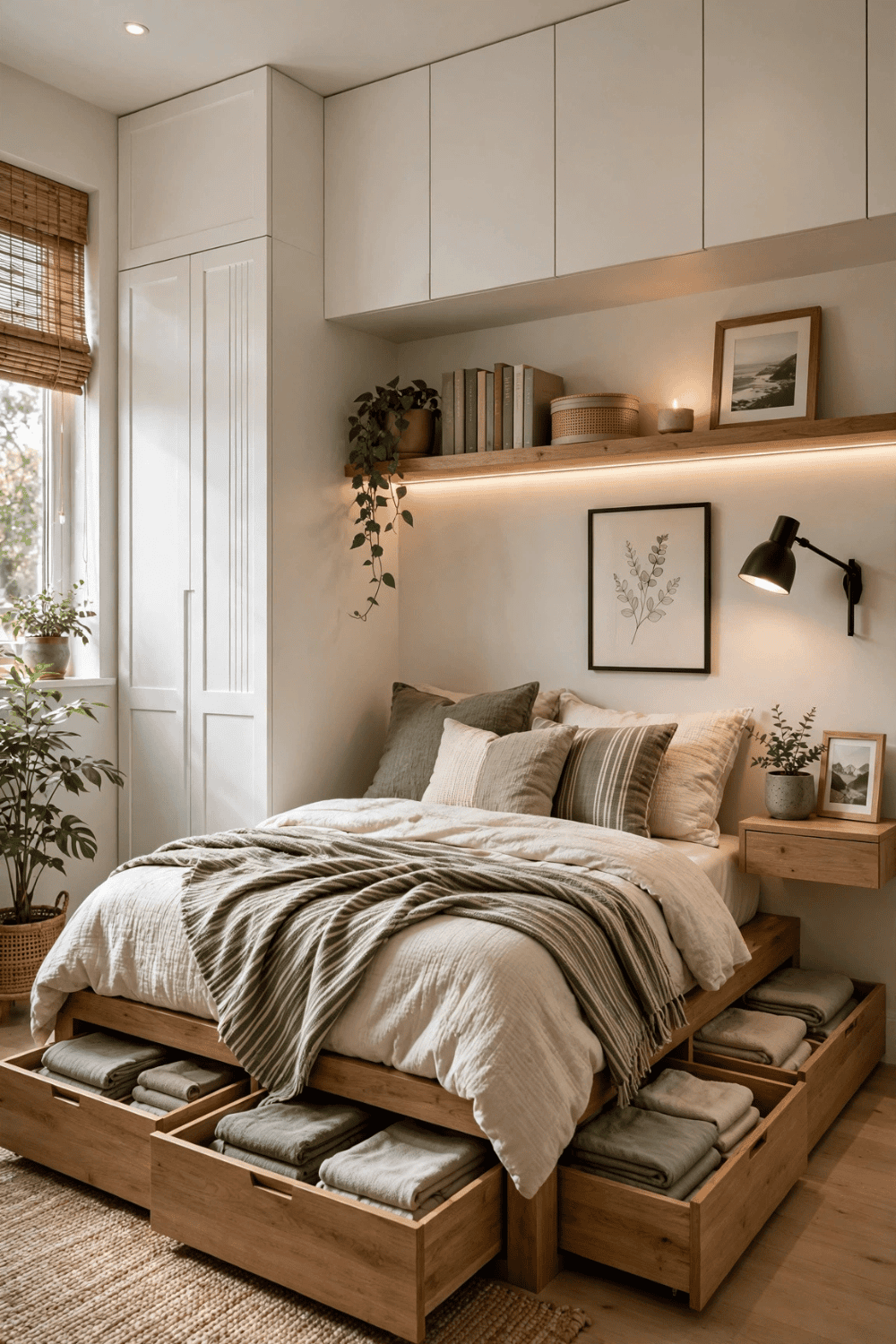 Bedroom with a bed frame featuring pull-out storage drawers underneath, light wood and white furniture, and soft green and…