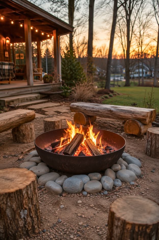 A rustic backyard fire pit with burning logs, surrounded by river stones and wooden log benches, near a cabin porch at dusk.