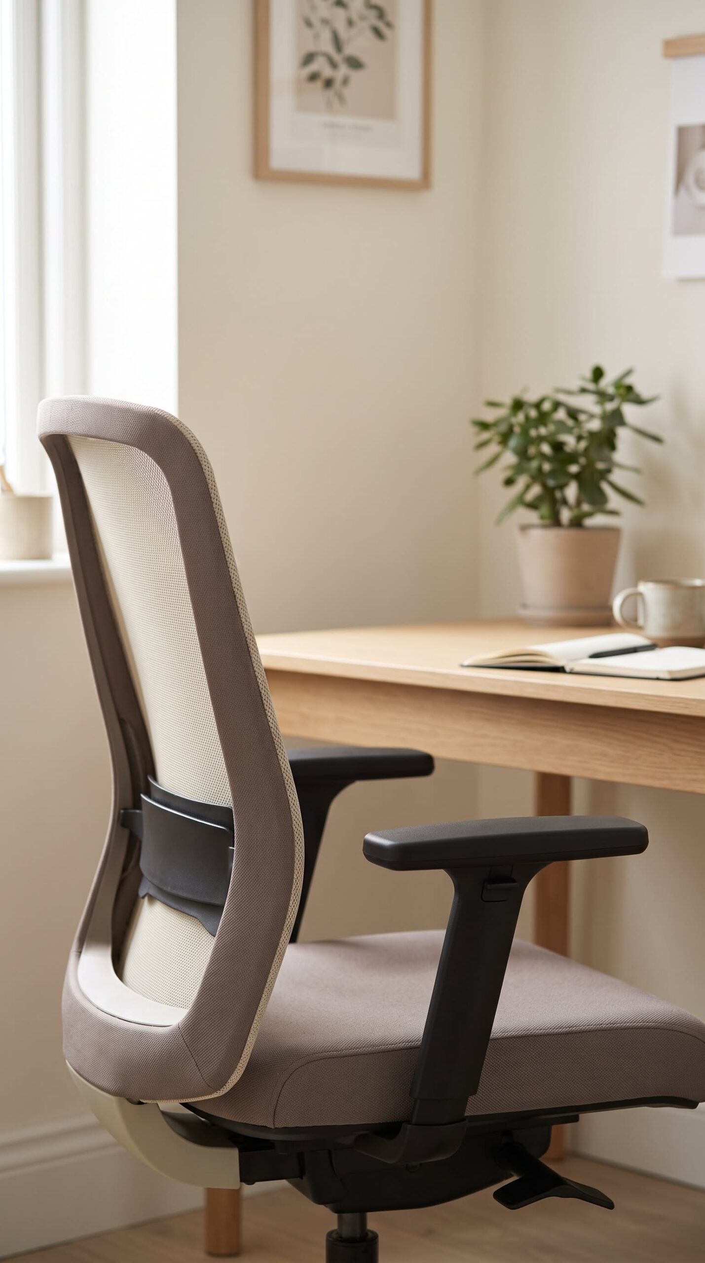 Ergonomic home office chair with mesh back and fabric seat next to a light wood desk with a plant and notebook
