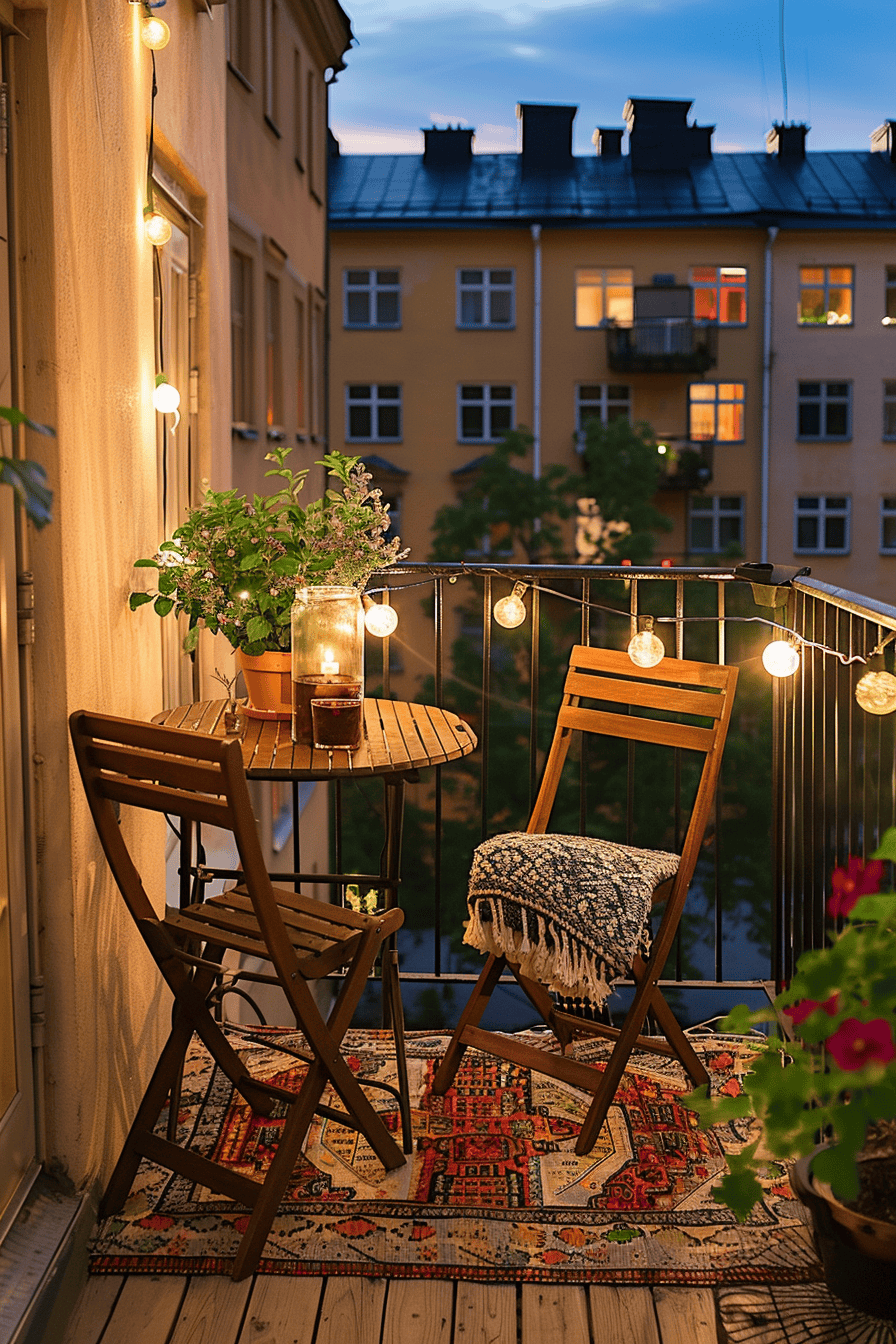 A small balcony with a round wooden table, two chairs, a potted plant, and string lights hung along the railing and wall at…
