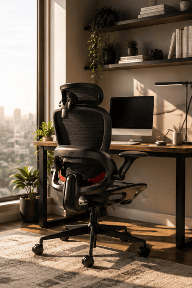 Black ergonomic office chair in a modern home office with a computer and desk by a large window