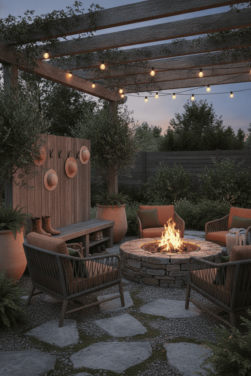 A stone fire pit with four chairs around it on a patio, under a pergola with string lights.