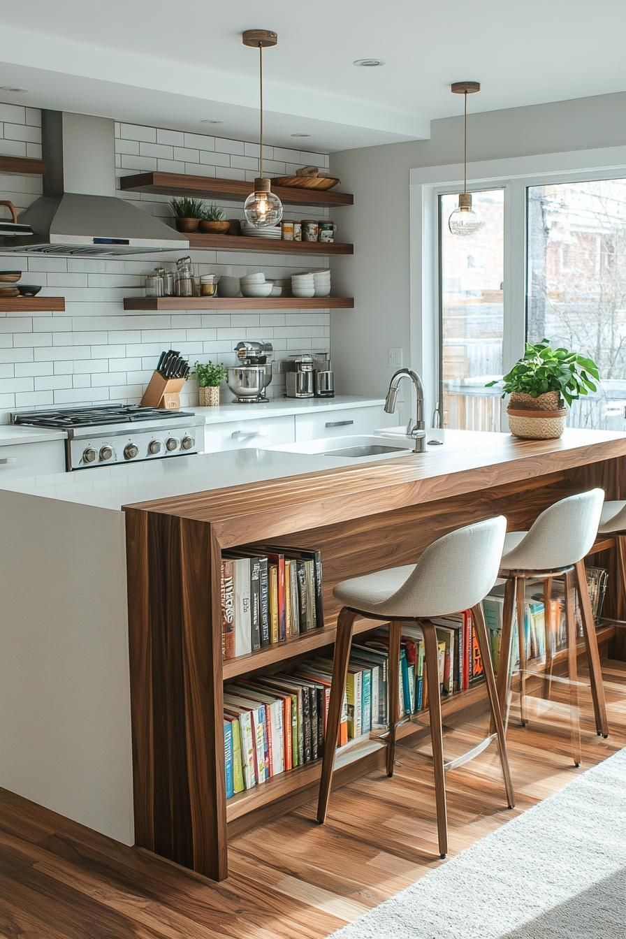 Modern kitchen island with dark wood countertop, white base, and integrated bookshelves facing the seating area with two bar…