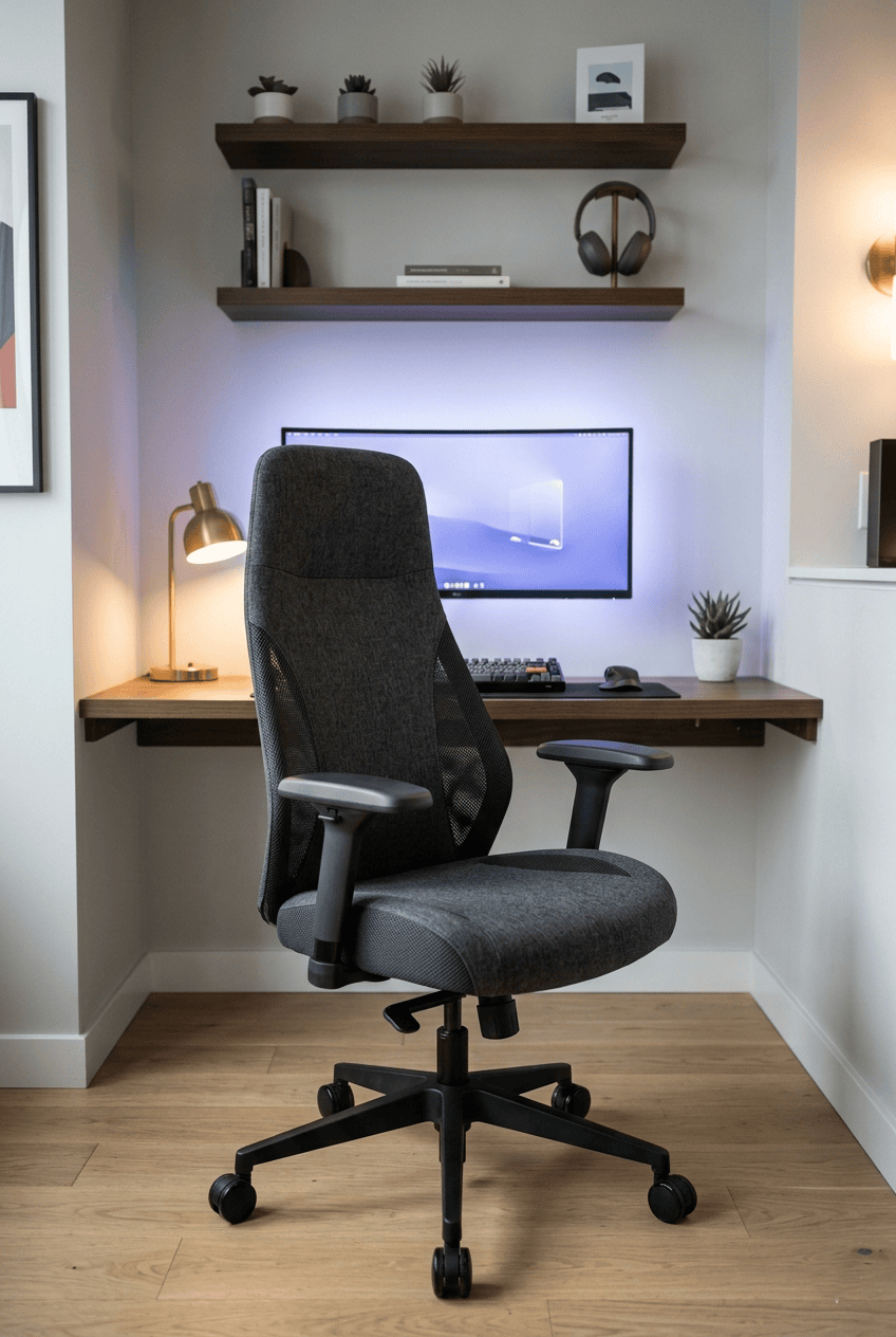 Dark gray ergonomic office chair with mesh back and adjustable armrests, in a modern home office with a floating desk and…